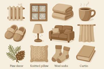 Cozy winter essentials: knitted pillow, wool socks, warm beverages, and home comfort