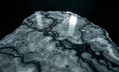 A polished onyx marble slab a masterpiece of nature's artistry exudes an ethereal glow with its high-resolution surface revealing intricate veins of black and white that shimmer with an almost otherwo