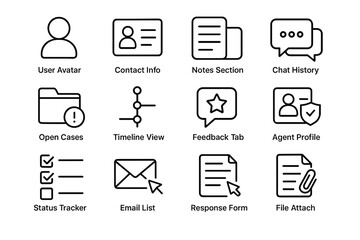 Set of icons: user avatar, contact info, notes, chat, cases, timeline, feedback, profile, status, email, response, attachment