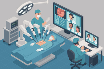 Robotic surgery in hospital with medical team in virtual consultation