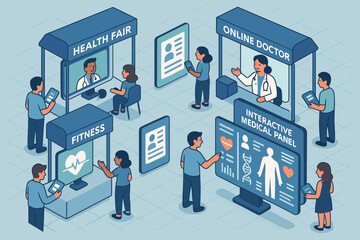 Interactive health fair with online doctor and fitness stations