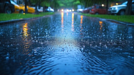 Rainy Night Road With Car Reflection And Blurred Background