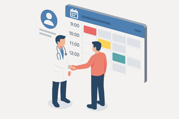 Isometric illustration of doctor and patient meeting with digital calendar interface