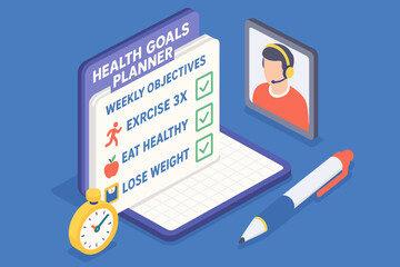 Health goals planner checklist and virtual consultation with young caucasian male