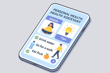 Personal health assistant app interface with wellness tips and habits