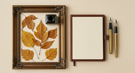 Autumnal Still Life Dried Leaves, Inkwell, Pens, and Blank Notebook