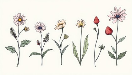 Delicate floral illustrations of various flowers and berries.