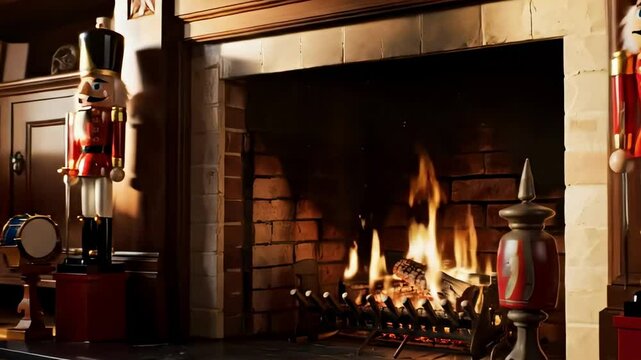 fireplace xmas decorations - Cozy holiday living room featuring a crackling fireplace, nutcracker decorations, and warm lighting creating a festive atmosphere