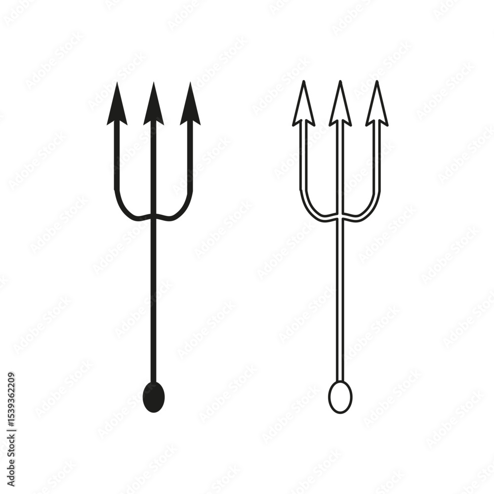 Poster trident weapon icon. three prong vector. mythological symbol shape. minimal fork graphic.