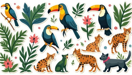 Colorful tropical sticker collection of birds, cats, and flowers.