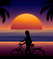 Chica ciclista paseando por la playa en el atardecer
