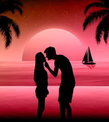 Una pareja de enamorados disfrutando el atardecer en la playa