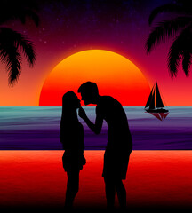 A couple in love on the beach at sunset