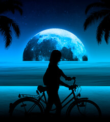 Una chica viajando en bicicleta en una playa en la noche