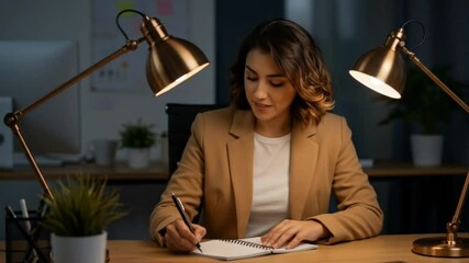Focused businesswoman writing notes in notebook at night in office - Powered by Adobe