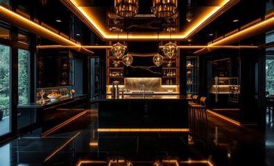A symphony of black and gold in a sleek open-concept kitchen where the island a centerpiece of luxury and functionality beckoned with its gleaming surface and seating
