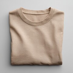 Flat Lay of a Sand Colored Folded T-Shirt Mockup on a Neutral Background for Fashion Display