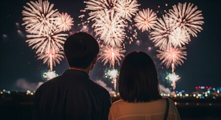 夏の花火を見つめる日本人カップル