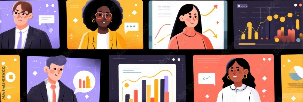 Poster Stylized Video Conference With Avatars Presenting Charts and Data Analysis in a Virtual Meeting Format