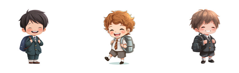 Obraz premium Chibi boy in school uniform holding a backpack and smiling cheerfully, transparant background