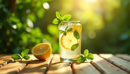 Refreshing Lemonade Glass with Mint and Ice on Sunny Wooden Table