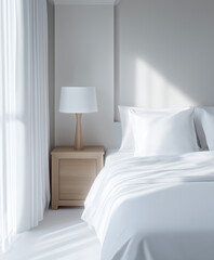 Minimalist Bedroom Interior with White Bedding and Soft Natural Light