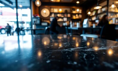 A sleek granite table top its dark surface reflecting the soft glow of the cafe's interior served as a canvas for an abstract blur of coffee shop life capturing the essence of a cozy urban haven