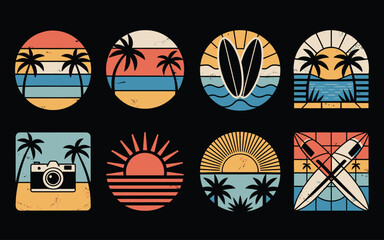 Retro summer icons with palm trees surfboards and sunsets