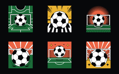 Soccer ball in front of a goal with various graphic designs