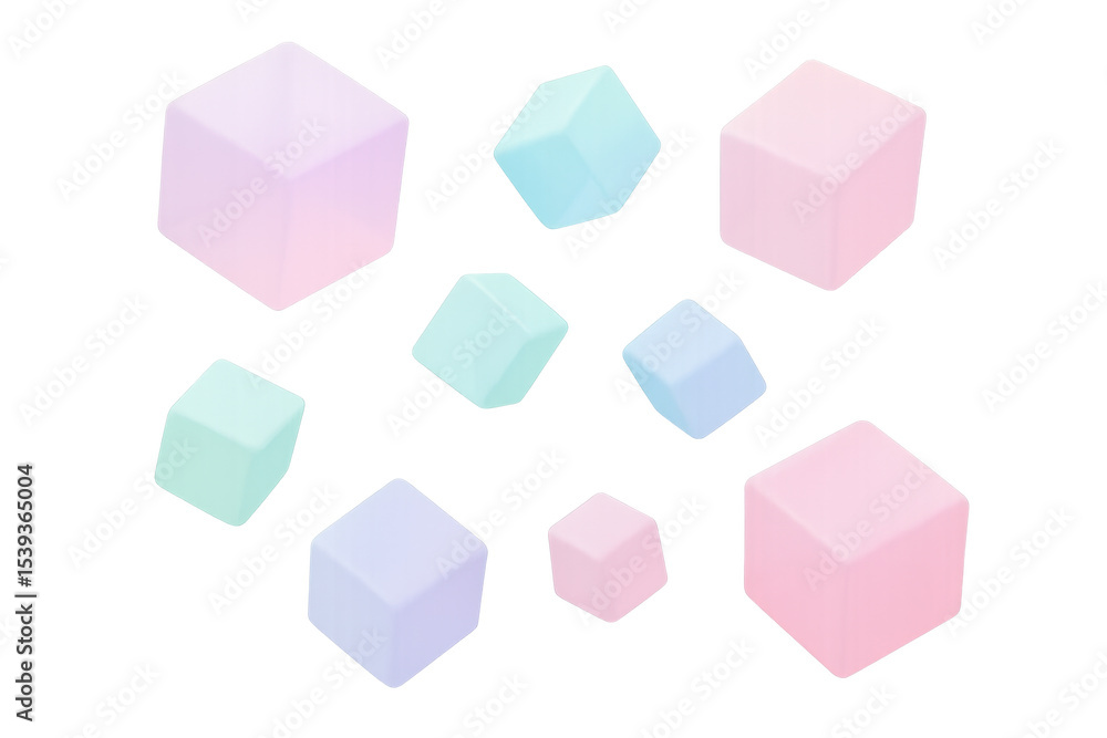 Poster pastel cubes drifting weightlessly, rendering geometric abstraction with soft color palette against 