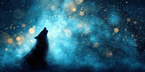 Optimistic Adventures Concept. Majestic silhouette of a howling wolf against an ethereal starry night background with shimmering bokeh lights