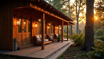 Cabin Porch at Sunset with Warm Lights and Inviting Wooden Furniture