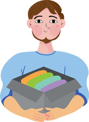 Helping Hand: A caring individual, depicted in a colorful illustration, holds a box filled with folded clothes, representing kindness, volunteerism, and community support.