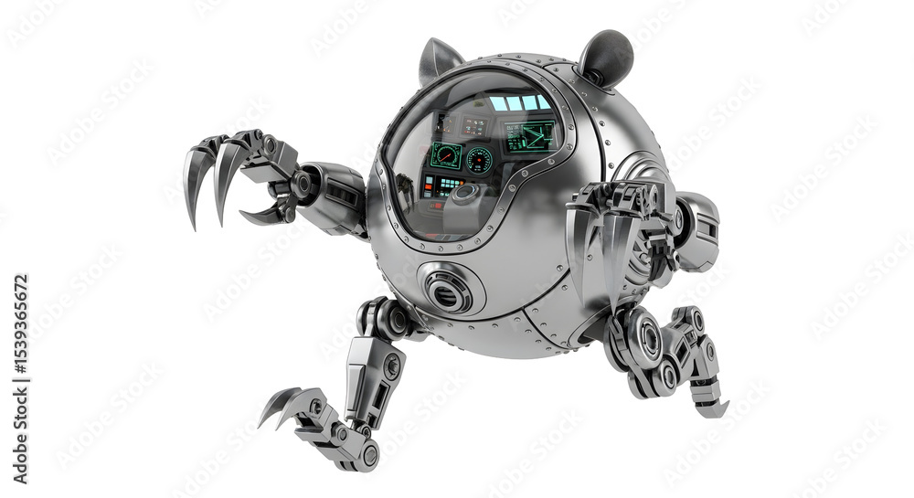Poster silver futuristic mechanical robot with claws isolated on transparent background