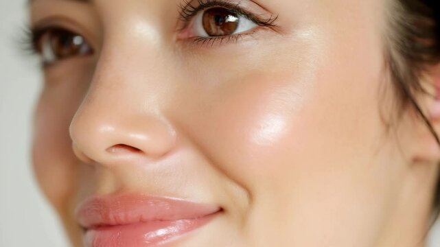 Glowing skin close up with natural makeup, smooth texture, radiant complexion, soft light highlighting healthy, smooth, glowing skin texture