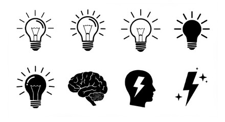 Bright Ideas Icons Set: Lightbulb Brain Lightning Symbols for Innovation Creativity and Solutions