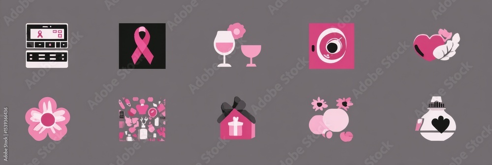 Poster support icons for pink ribbon awareness chart illustrating various related activities and themes in 