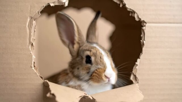 Cute bunny peeks through a hole in a cardboard box, inquisitive pet looking out from inside a corrugated container, adorable animal hiding, fluffy mammal.