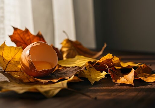 A close up of an eggshell surrounded by autumn leaves on a wooden surface indoors view