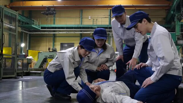 工場で倒れた作業員を救護するグループ