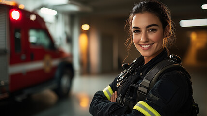 Smiling Female Firefighter Standing in Front of Fire Truck.
