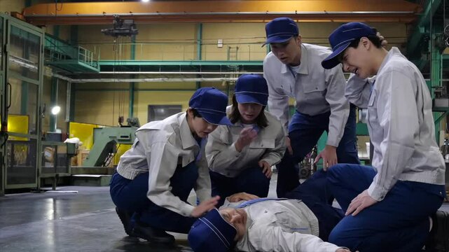 工場で倒れた作業員を救護するグループ