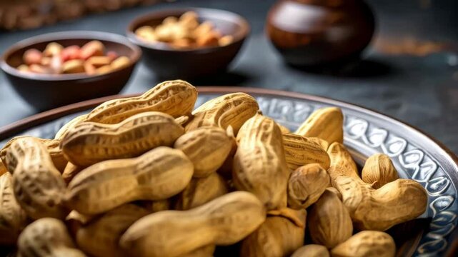 Delicious peanuts in shells piled high on an ornate ceramic plate, rustic wooden bowls in background, healthy snack food concept