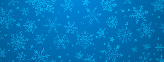 A vibrant Christmas illustration featuring intricate snowflakes in various sizes and designs, interspersed with stars and circular elements, in blue tones.