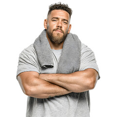Plus size man with gym towel on shoulders, relaxed, isolated on transparent background