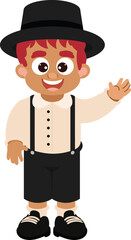 Smiling Boy Waving Hello: A smiling boy in traditional attire waves his hand in a friendly greeting, set against a bright, clean backdrop.