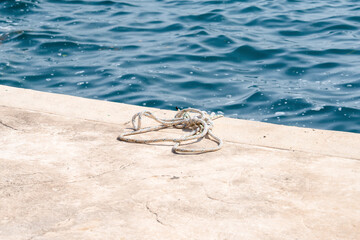 "a coiled rope rests on a sunlit concrete pier beside a tranquil blue ocean, symbolizing nautical themes and seaside serenity. ideal for marine and travel concepts."