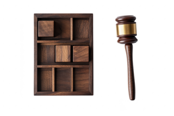 Wooden cubes in a box and gavel isolated on transparent background