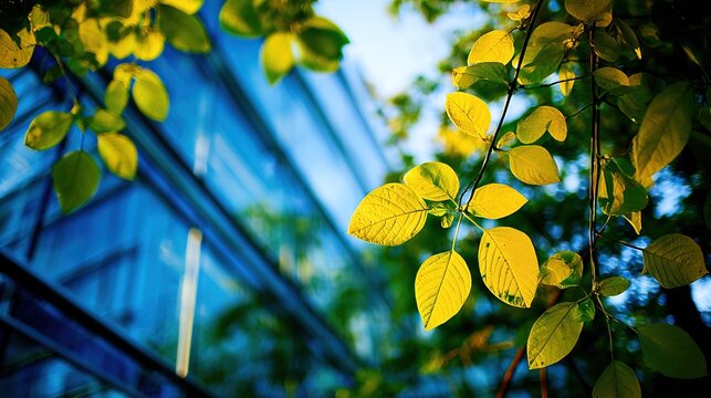 Vibrant yellow leaves in sharp focus against a blurred backdrop of a modern glass skyscraper reflecting a clear blue sky