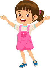 Cheerful child in pink attire: A delighted little girl with brown hair, joyfully raises her arms, exuding pure happiness and a cheerful disposition.